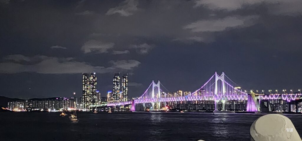 A stunning night vista of the distant Gwangandaegyo Bridge and the Marine City skyline, captured right from the edge of Haeundae. (Photo taken by Hidden Spot Korea)