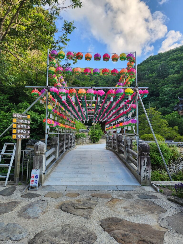 Bridge decorated with colorful lotus lanterns leading toward a temple in the mountains.